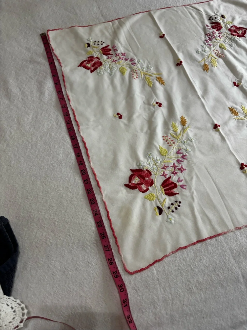 Embroidered Floral White Handkerchief with Pink Accents